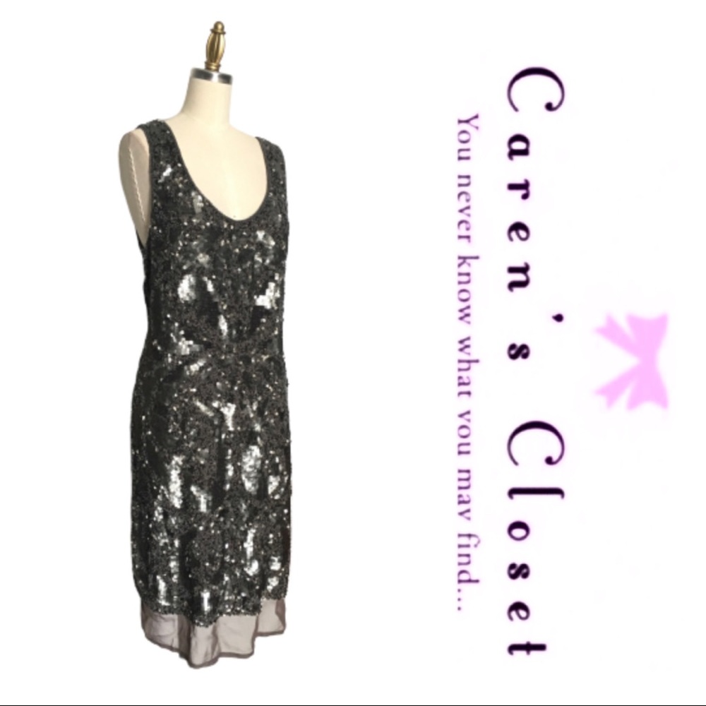 Gold Hawk Gray Sequin  Silk Sleeveless Shift Dress